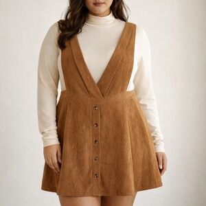 Frille Rose Brown Corduroy Overall Pinafore‎ Mini Dress Plus Size 2X 42" Waist V